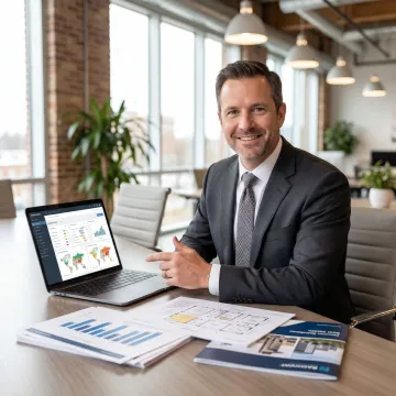 Broker presenting office market research to startup founders