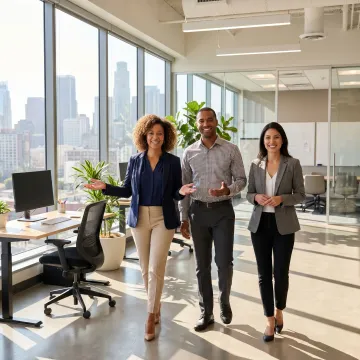 Startup team touring a modern office space