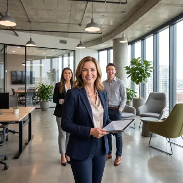 Broker guiding clients through office tour