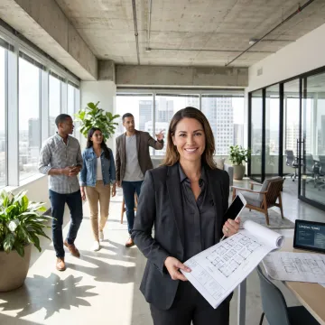Broker guiding clients through office tour process