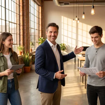Broker guiding clients through a Brooklyn office tour