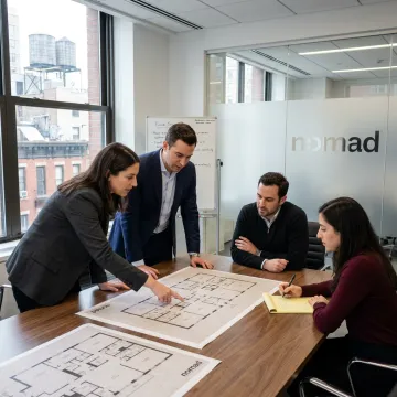 Commercial lease brokers reviewing NYC office space plans
