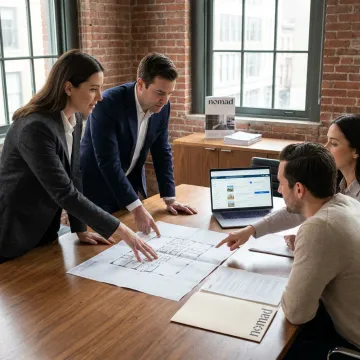 Commercial brokers reviewing office floor plans