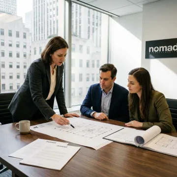 Advisor reviewing office floor plans with clients