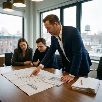 Broker reviewing office leasing plans with a business team