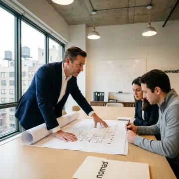 Commercial real estate advisor reviewing office plans