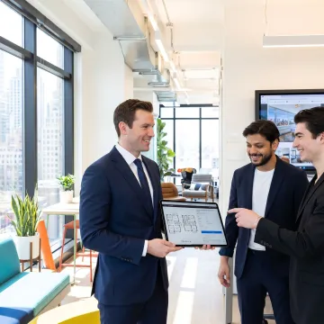 Startup team touring modern office space with broker