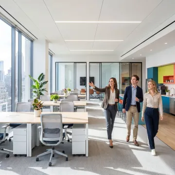 Startup team touring a modern office space