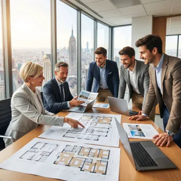Commercial real estate team reviewing office leasing options