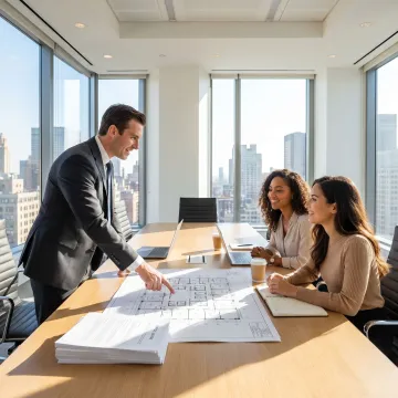 Commercial broker reviewing office leasing process with startup team
