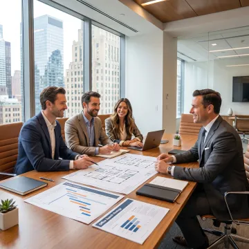 Broker reviewing office leasing process with startup founders