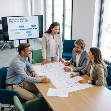 Broker guiding clients through office leasing steps