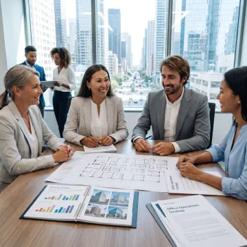 Commercial real estate asset management team reviewing office portfolio plans