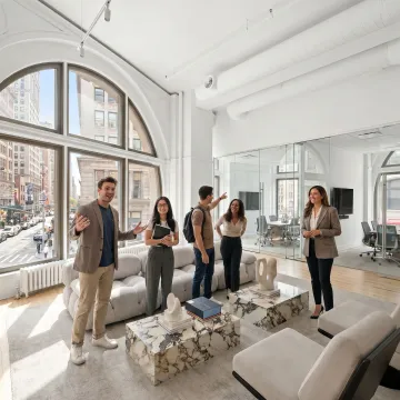 Startup team touring modern office space
