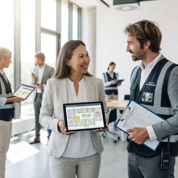 Commercial office facility management team in a modern workspace