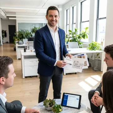 Office manager reviewing facility operations in a commercial space