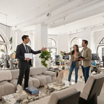 Startup team touring modern office space with leasing advisor