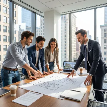 Startup team reviewing office leasing options with broker