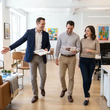 Startup founders touring office space with broker