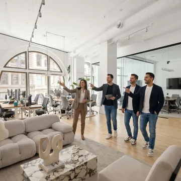 Startup team touring modern office space