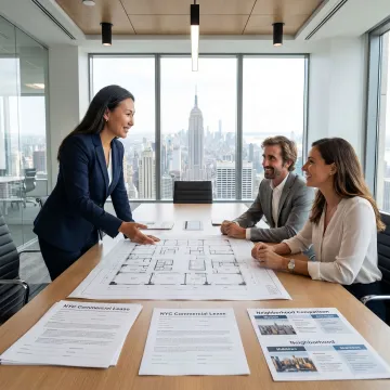 Broker guiding clients through office leasing process