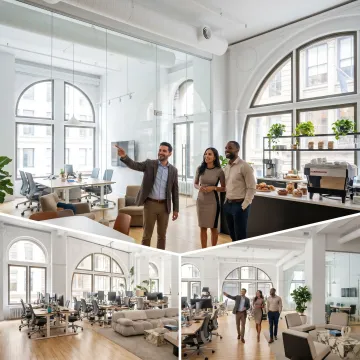 Startup team touring modern office space