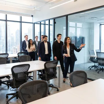 Startup team touring modern office space