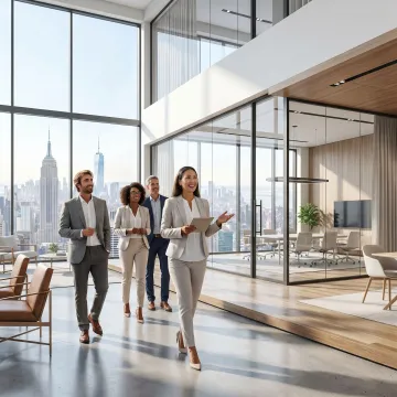 Startup team touring modern office space