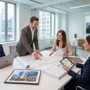 Property manager and landlord reviewing a commercial office asset
