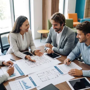Startup founders reviewing office lease options with a broker