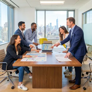 Startup team reviewing office leasing process with broker