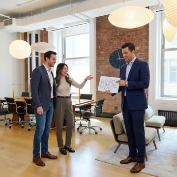 Team reviewing a fitted office layout