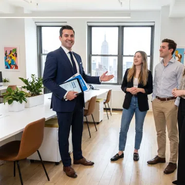 Broker leading clients through an office tour