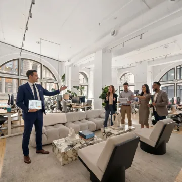 Startup team touring modern office space with broker