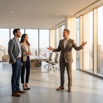 Corporate real estate broker touring office space with clients