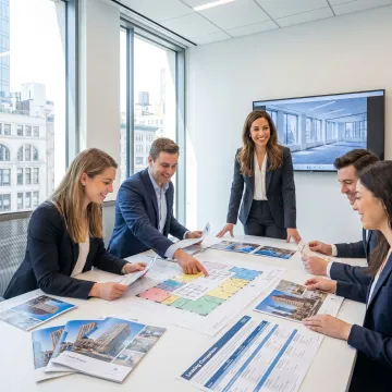 Team reviewing office leasing options and floor plans