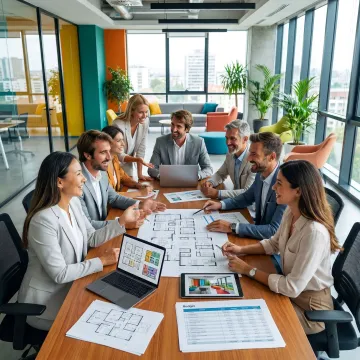 Startup team reviewing office space plans with advisors