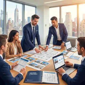 Commercial real estate advisors reviewing office leasing options