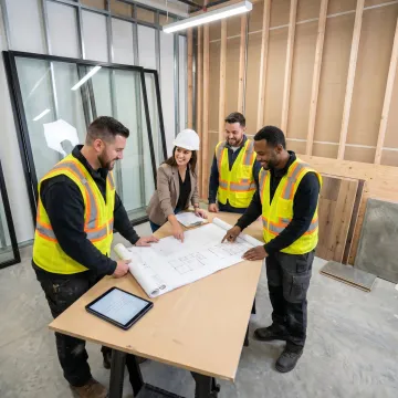 Contractors reviewing startup office buildout plans