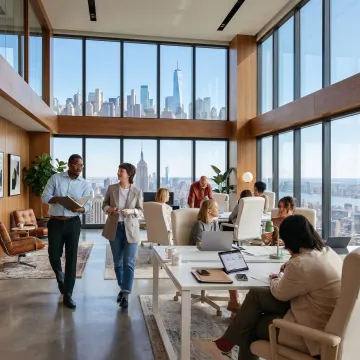 Modern Brooklyn penthouse office with skyline views
