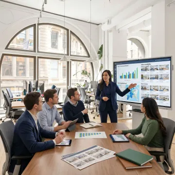 Broker presenting office market research to clients