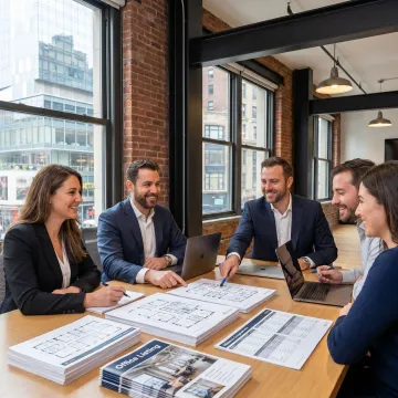 Team reviewing office leasing options