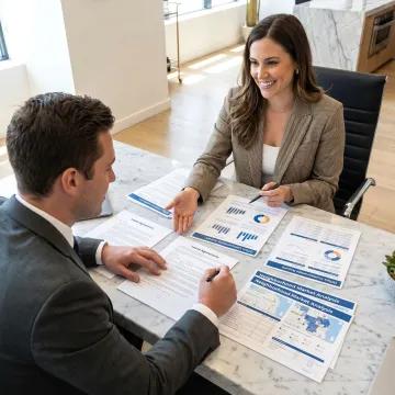 Broker reviewing commercial lease and market reports