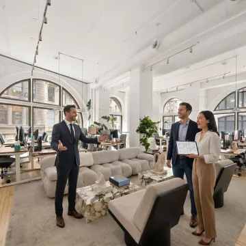 Startup team touring a modern office space