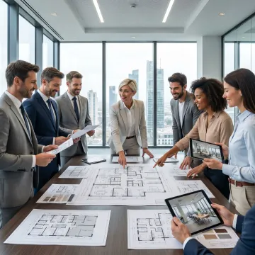 Commercial real estate team reviewing office plans