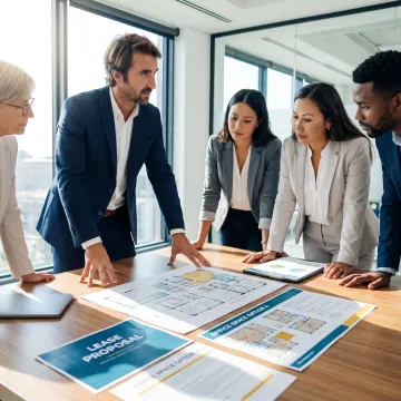 Broker reviewing office options with a startup team