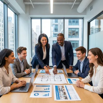 Team reviewing office leasing process and floor plans