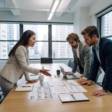 Commercial real estate advisor reviewing office options with founders