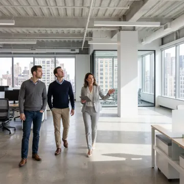 NYC startup team touring modern office space