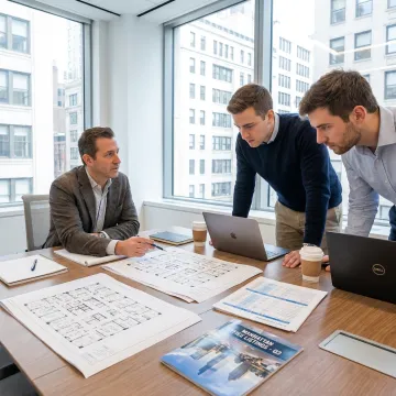 Startup founders reviewing office leasing options with a broker